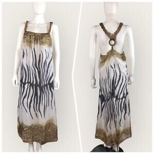 Lumiere Boho Silk Maxi Dress Animal Print Wooden Beaded White & Brown